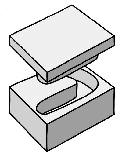 Illustration eines Formwerkzeuges für die Herstellung von Formteilen im A-Comp Compression Molding Verfahren