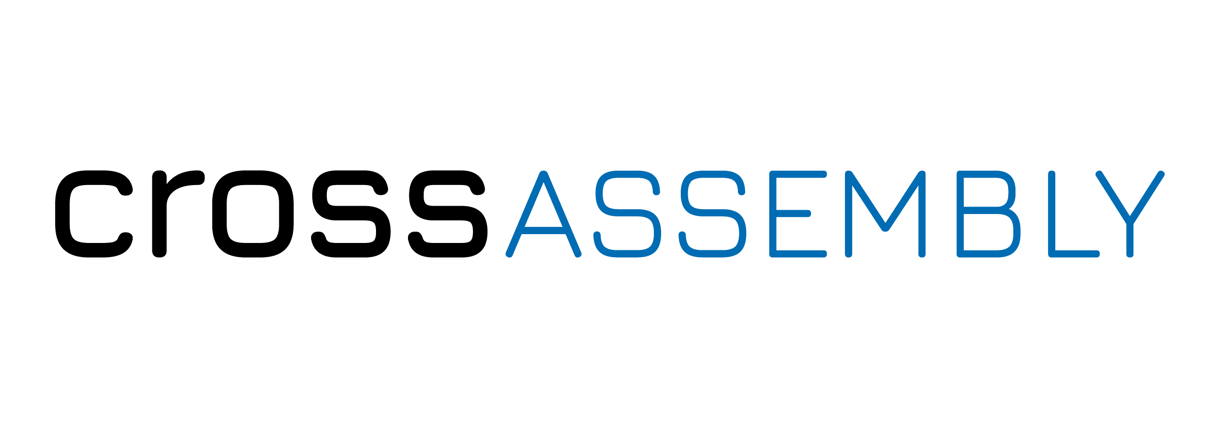 Blau-weisses Text-Logo von der CrossTEQ-Marke &quot;Cross Assembly&quot;