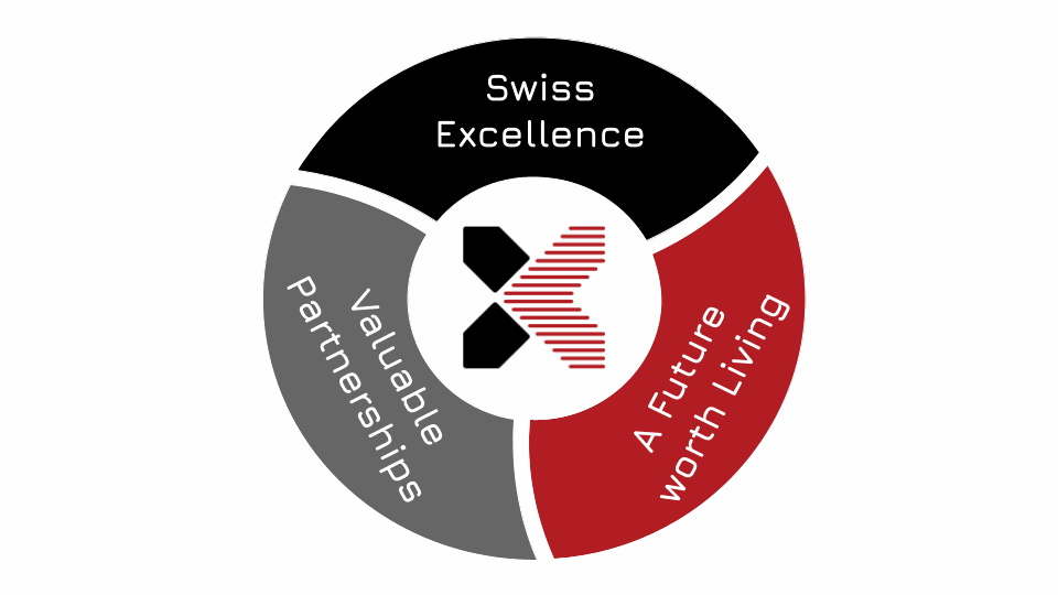 Kreisgrafik mit den drei Werten Partnerschaft, Excellence und Zukunftsorientierung von CrossTEQ