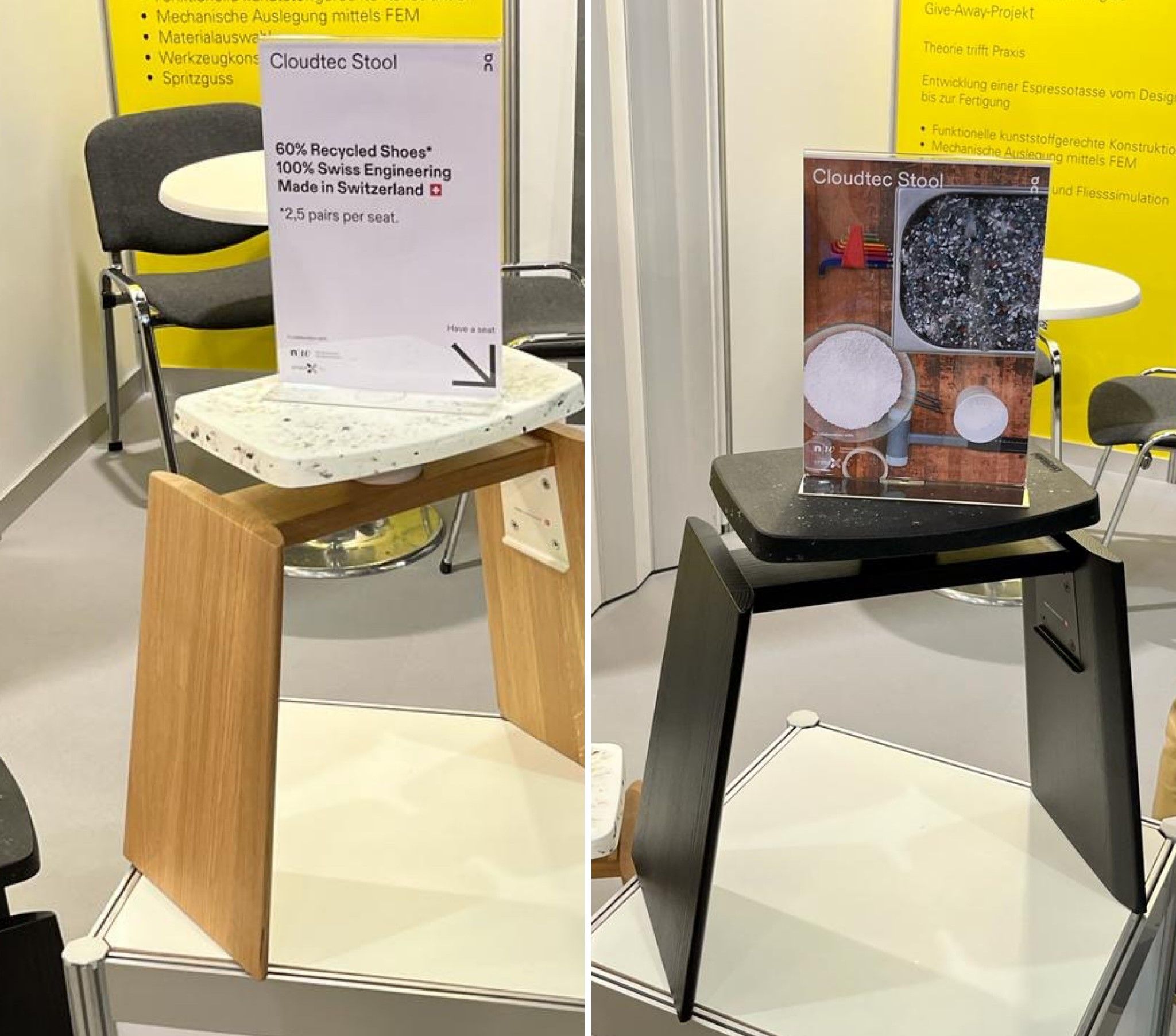 Schwarzer und weisser Cloudtec Stool von CrossTEQ am IKT Stand an der Swiss Plastics Expo 2023